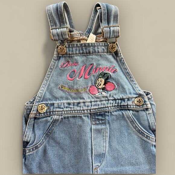 Vtg Disney Y2K Baby Minnie Mouse Embroidered Denim Overalls 12 Month Cheerleader - Picture 1 of 4